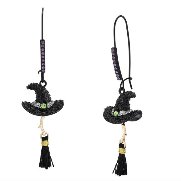 NWT BETSEY JOHNSON WITCH HAT DROP EARRINGS BLACK TASSEL - Picture 1 of 6